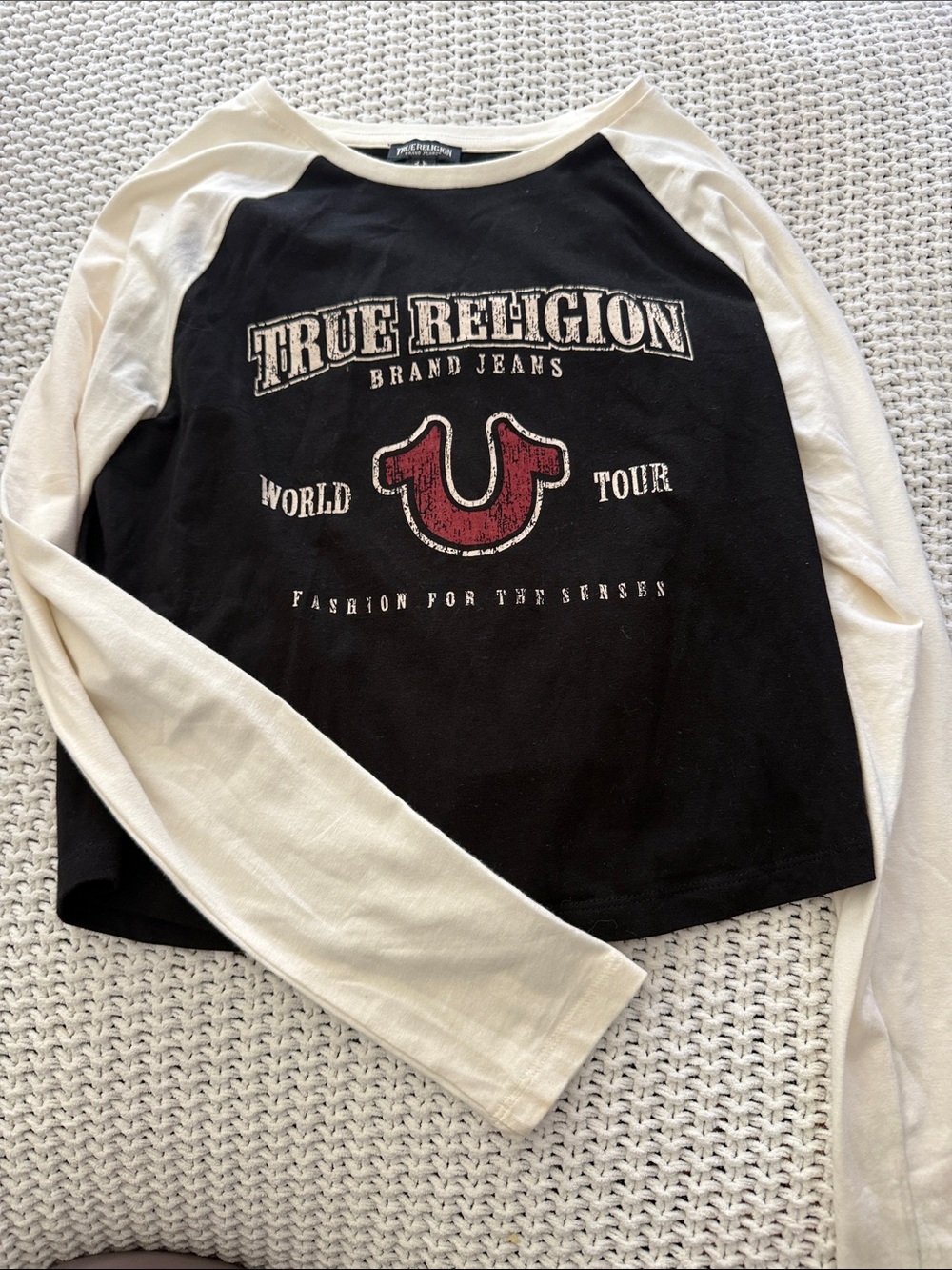 True Religion Black & White Raglan Long Sleeve Tee with Red Logo